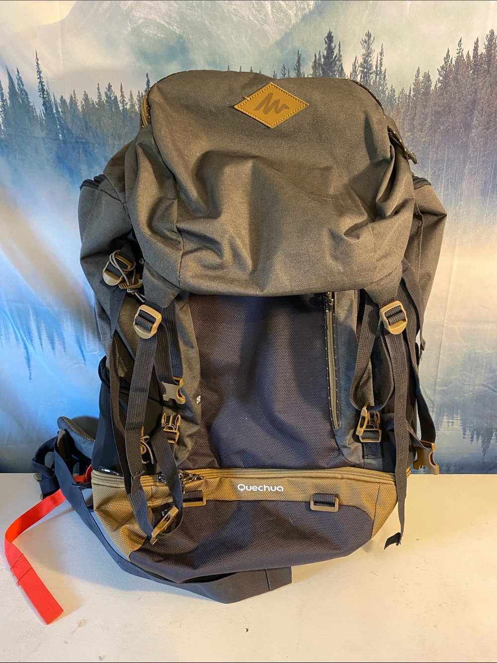 Quechua 50L Hiking Backpack in Grey with Tan Accents